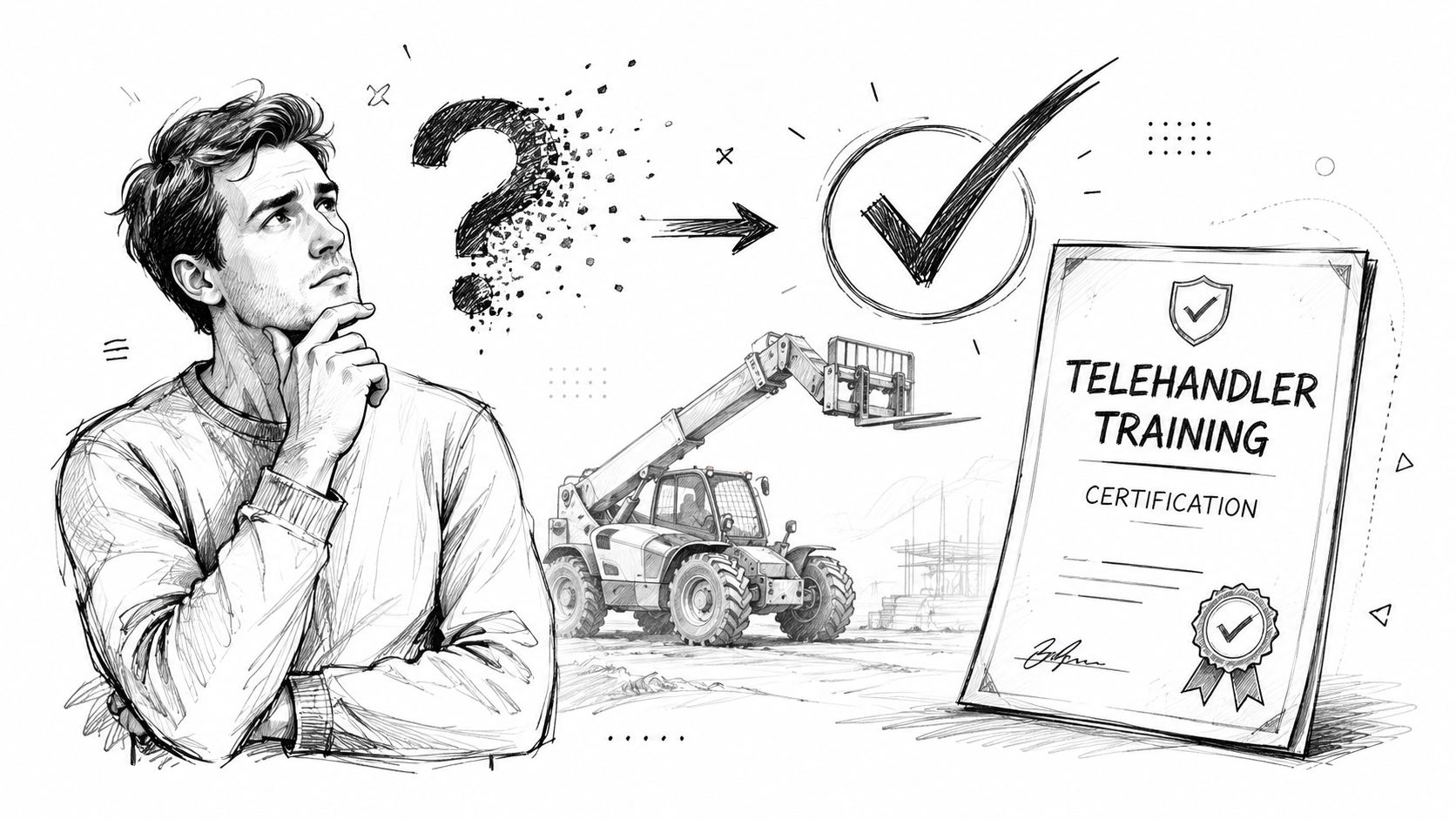 A sketched illustration of a man contemplating obtaining a telehandler training certification for construction work