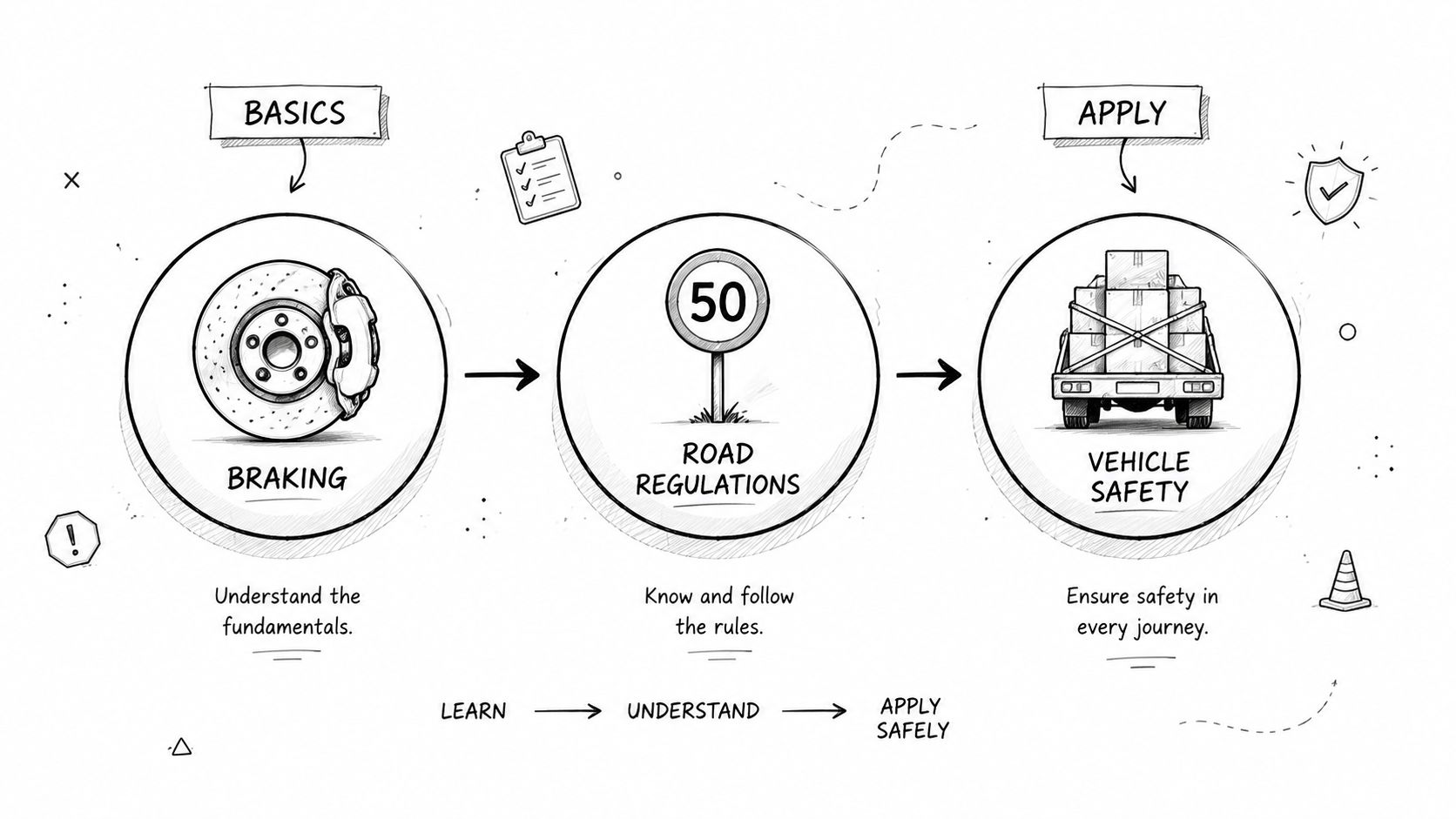 A hand-drawn illustration showing the process of driving safety from braking to road regulations and vehicle load security.