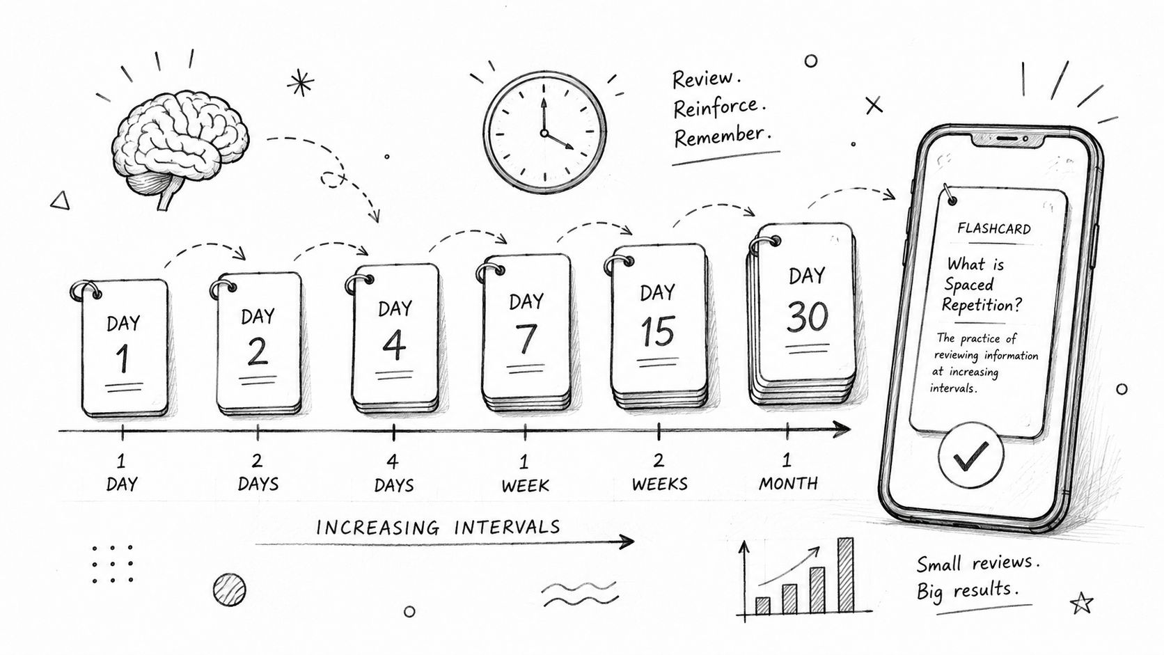 A hand-drawn illustration depicting spaced repetition theory with flashcard intervals increasing from one day to one month.