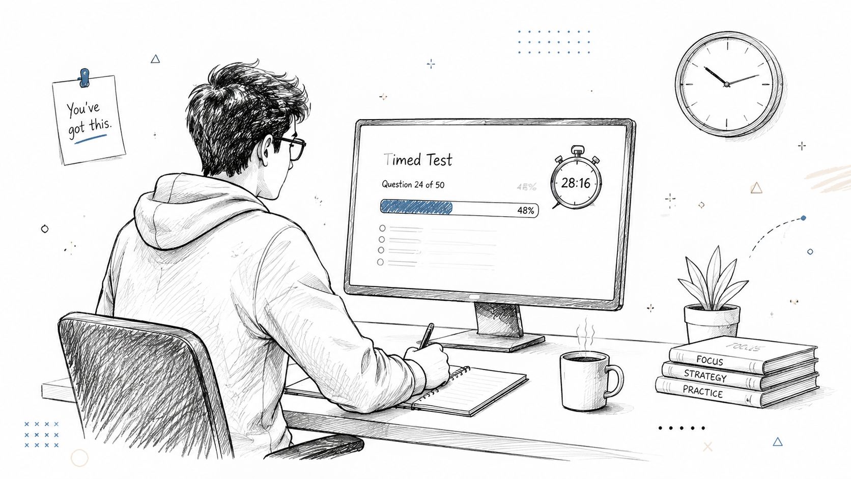 A student in a hoodie studying at a desk with a computer, notebook, and coffee, taking an online exam.