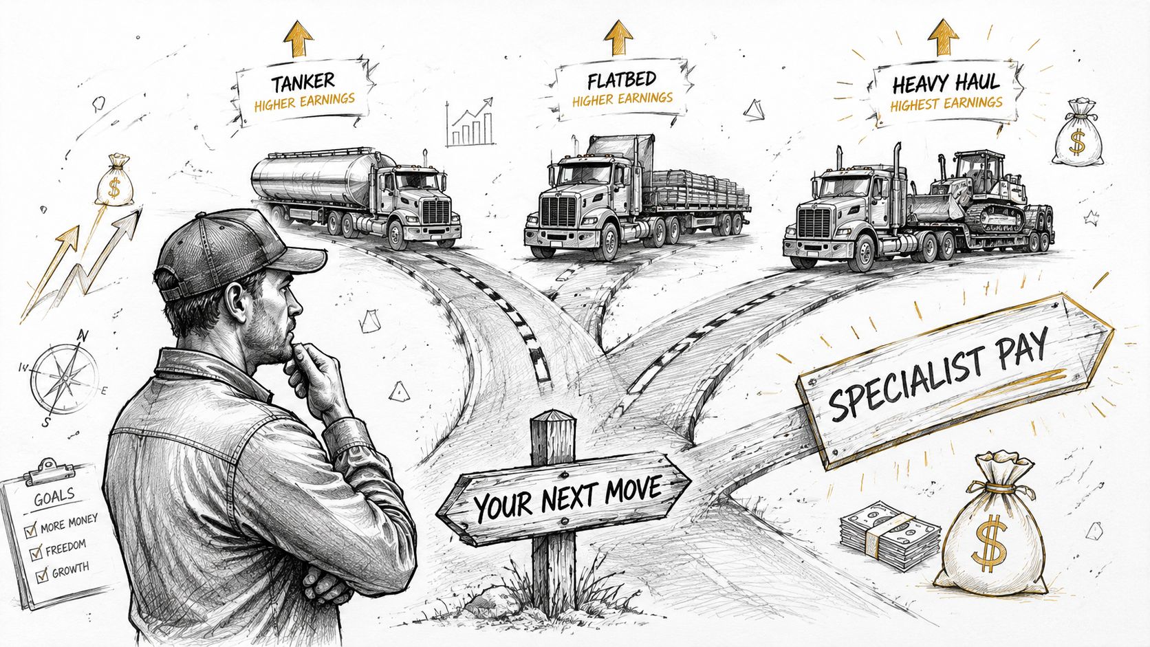 A truck driver contemplating career choices between tanker, flatbed, and heavy haul trucking for better pay.