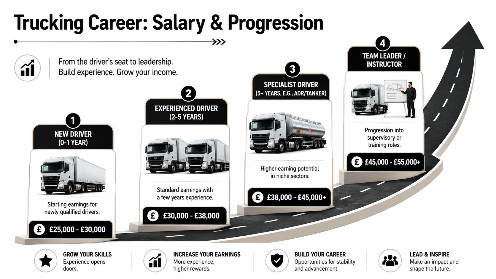 An infographic showing the four stages of a trucking career, from new driver to team leader.