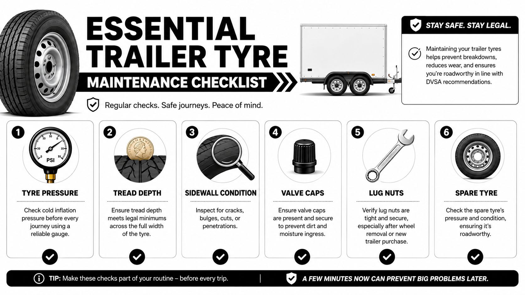 A maintenance checklist infographic showing six essential steps to ensure trailer tyres remain safe and roadworthy.