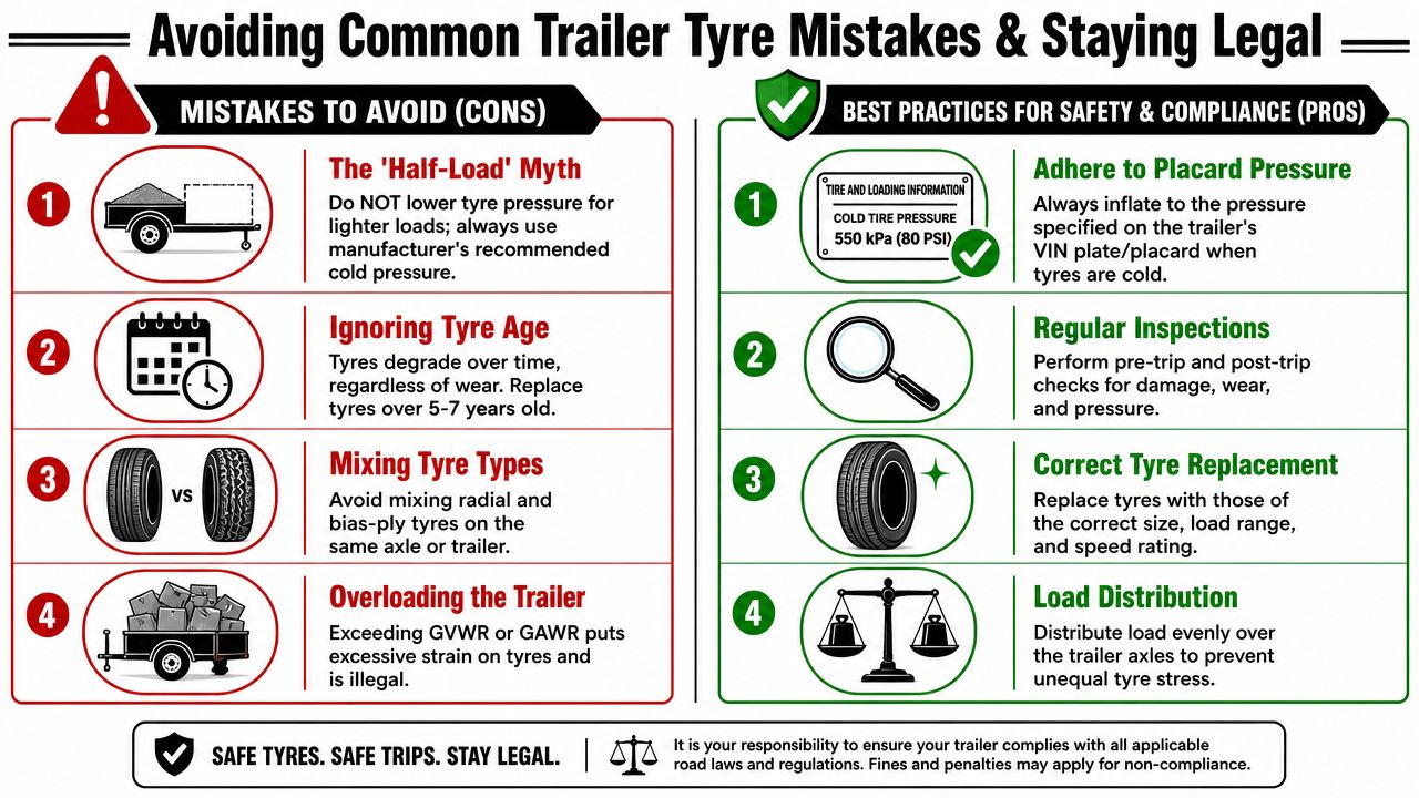 An infographic showing tips for trailer tyre maintenance, including avoiding common mistakes and best safety practices.