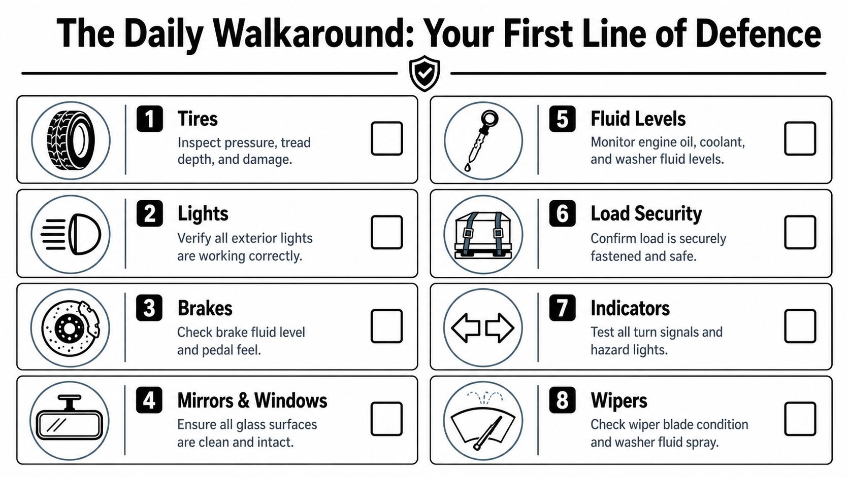 A safety checklist infographic titled The Daily Walkaround showing eight essential vehicle maintenance and inspection points.