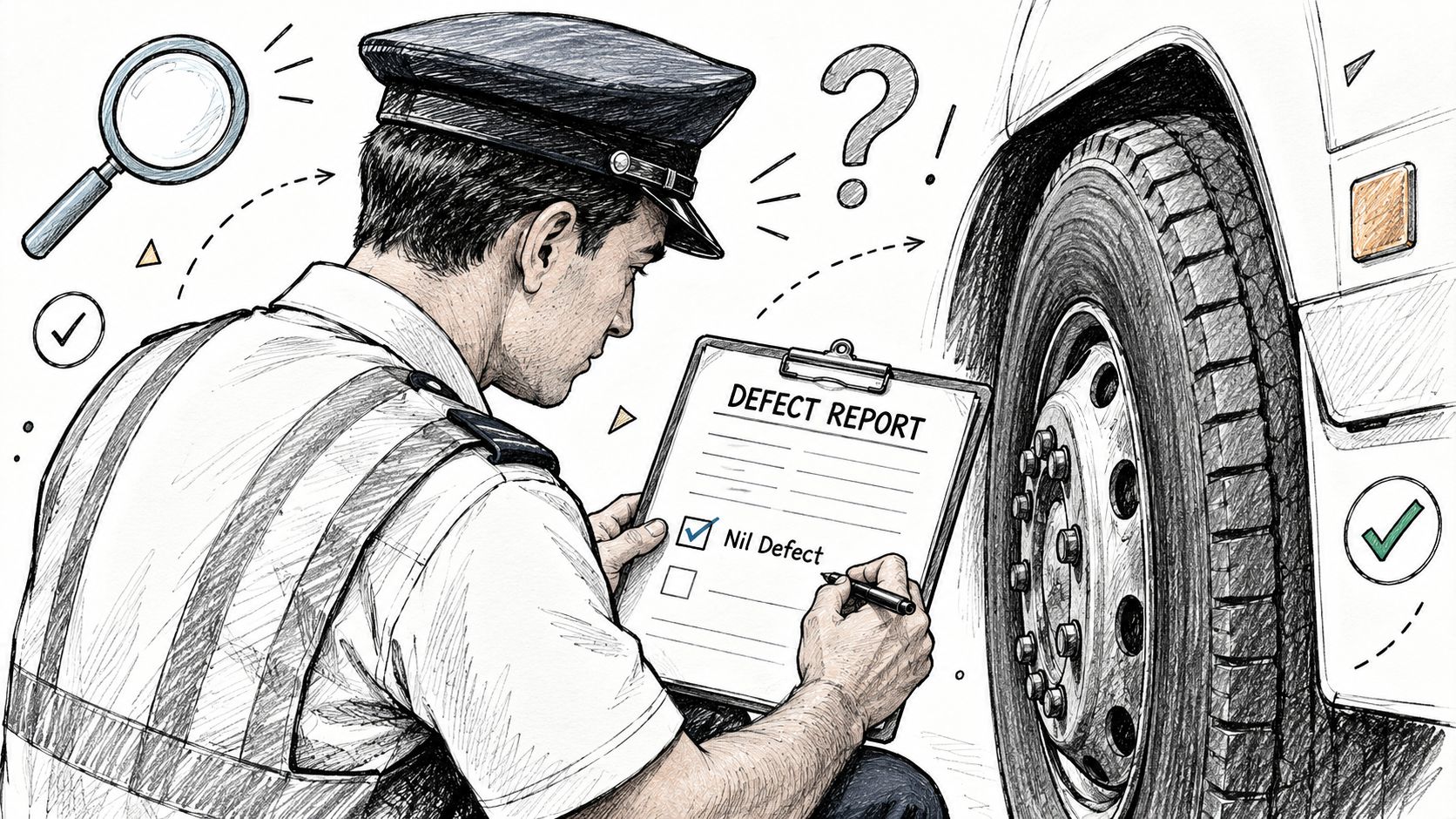 A professional inspector in a high-visibility vest completing a vehicle defect report form by a truck wheel.