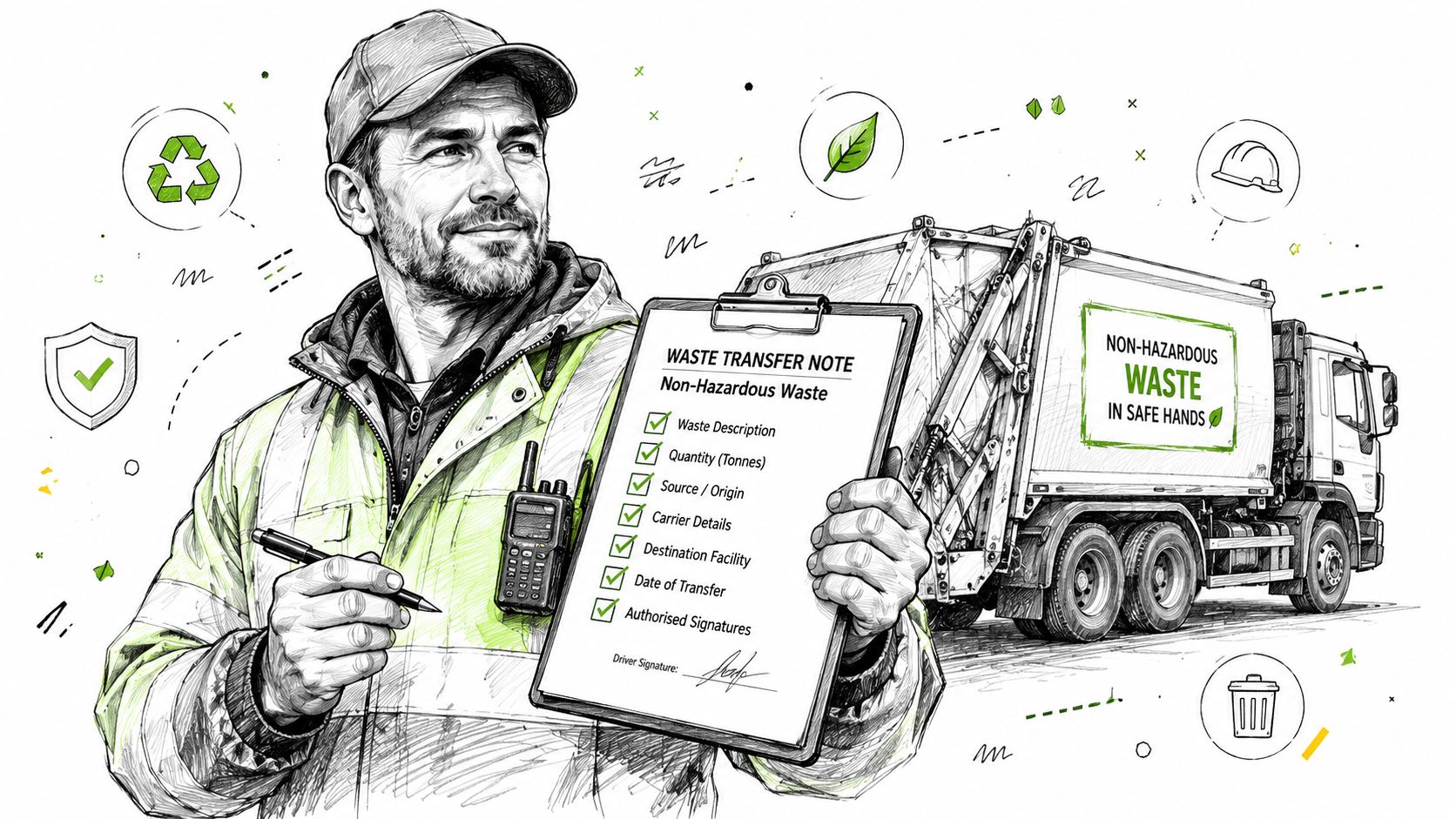 A professional waste management worker holds a checklist for non-hazardous waste transfer next to a collection truck.