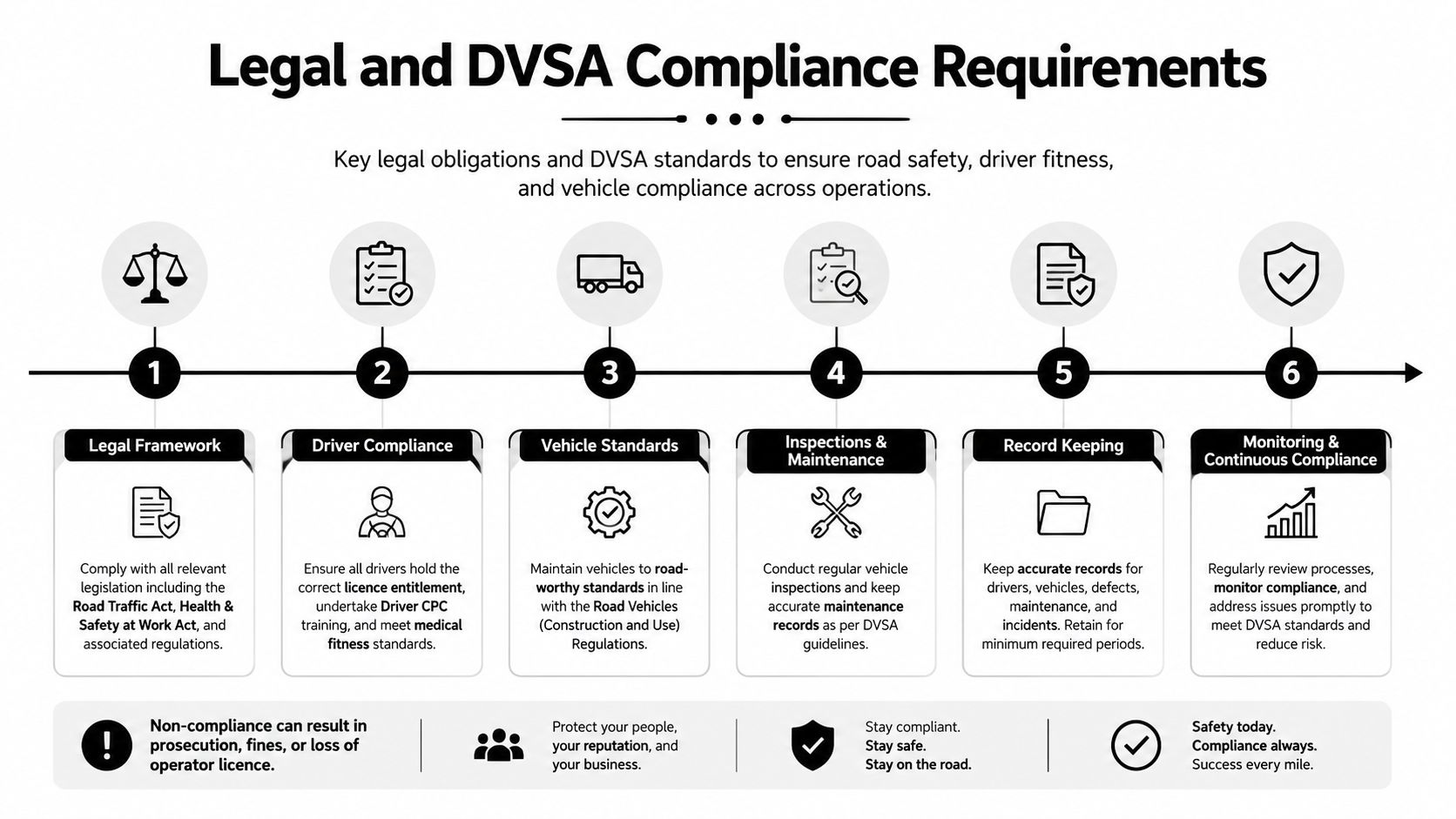 A six-step infographic detailing legal and DVSA compliance requirements for road safety and vehicle operations.
