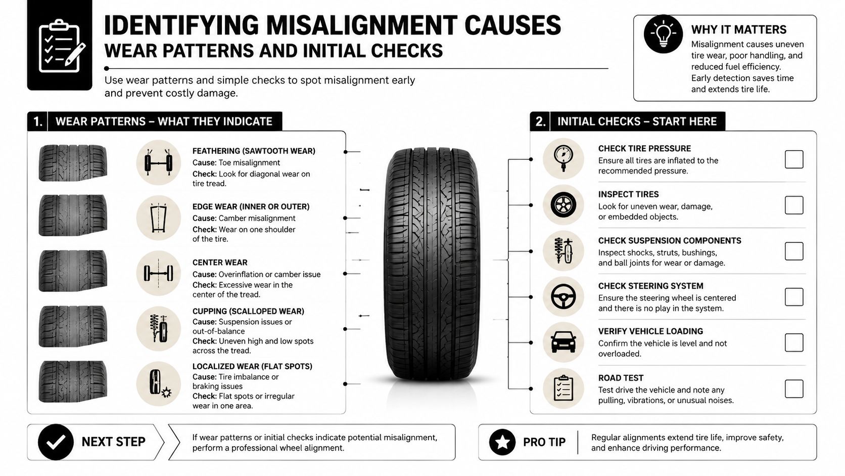 An infographic detailing tyre wear patterns and initial checks for identifying vehicle wheel misalignment issues.