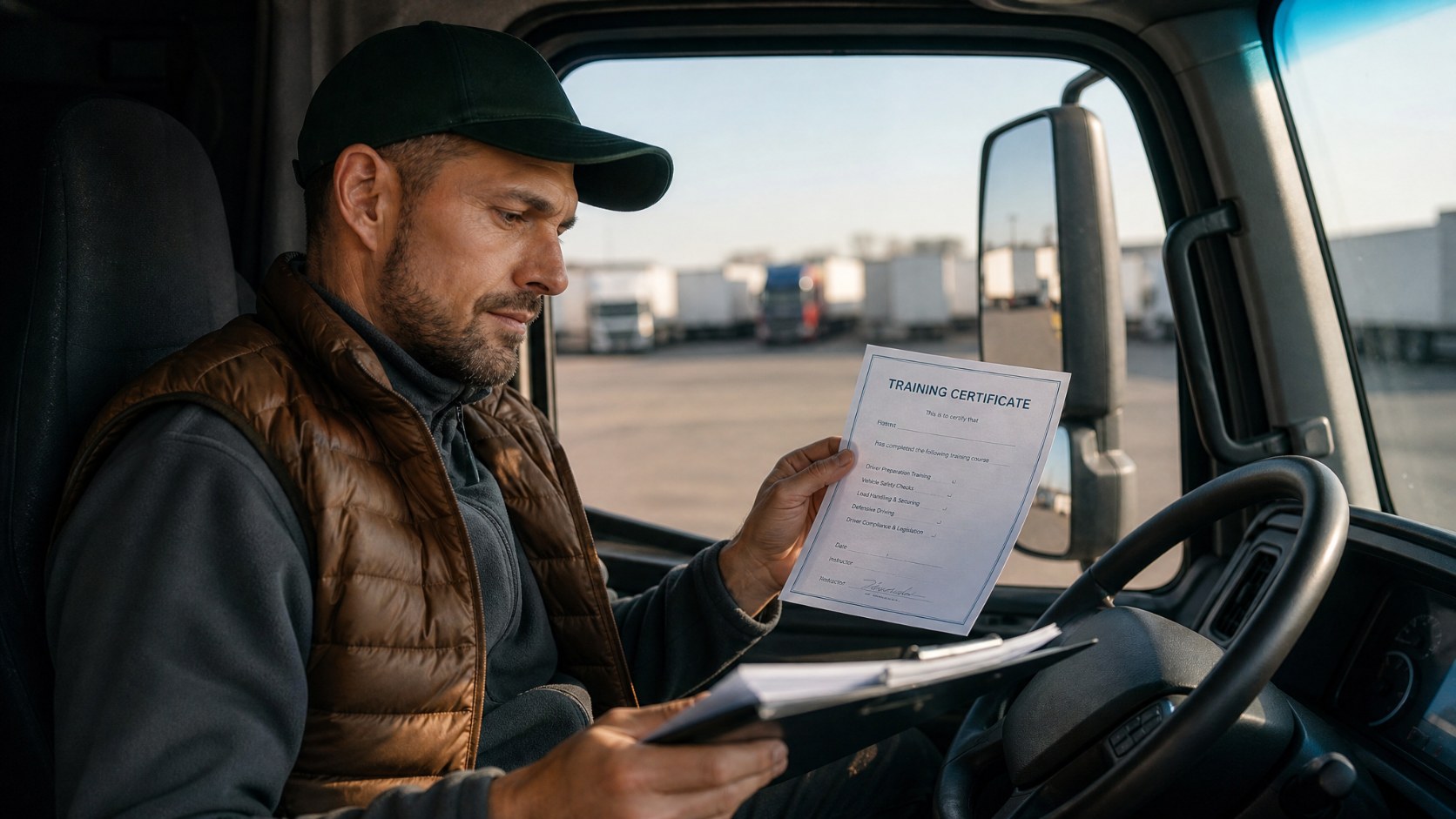 HGV driver sitting in the cab of a lorry reviewing a training certificate at a logistics yard