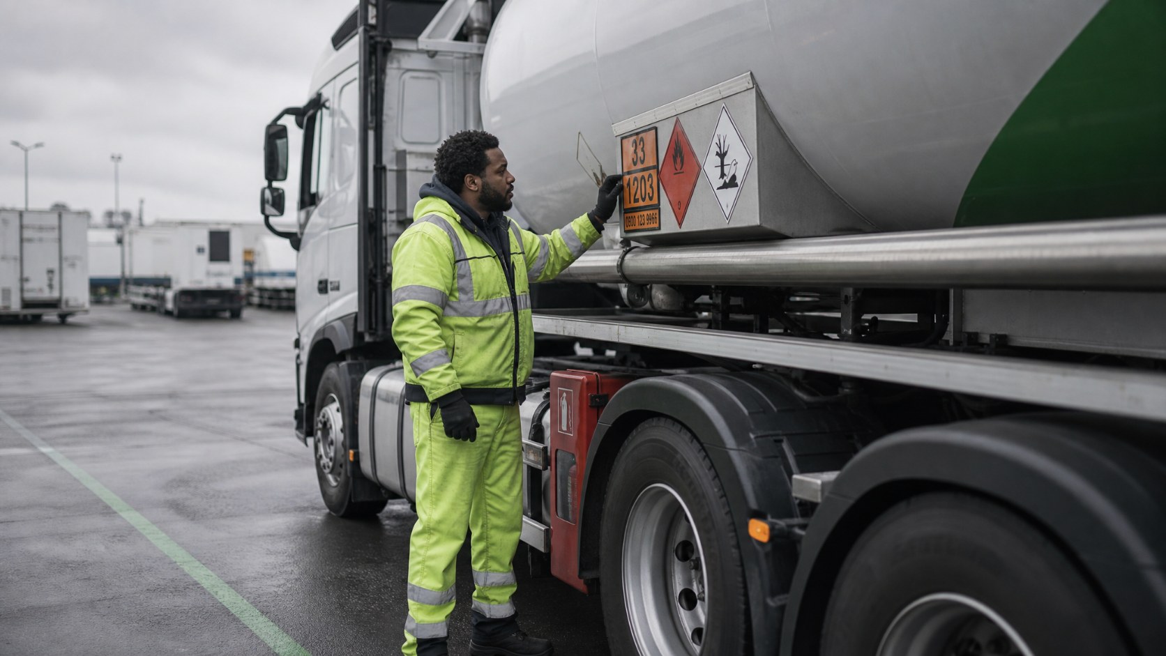 HGV driver in high-visibility clothing checking hazard placards on a fuel tanker before an ADR delivery