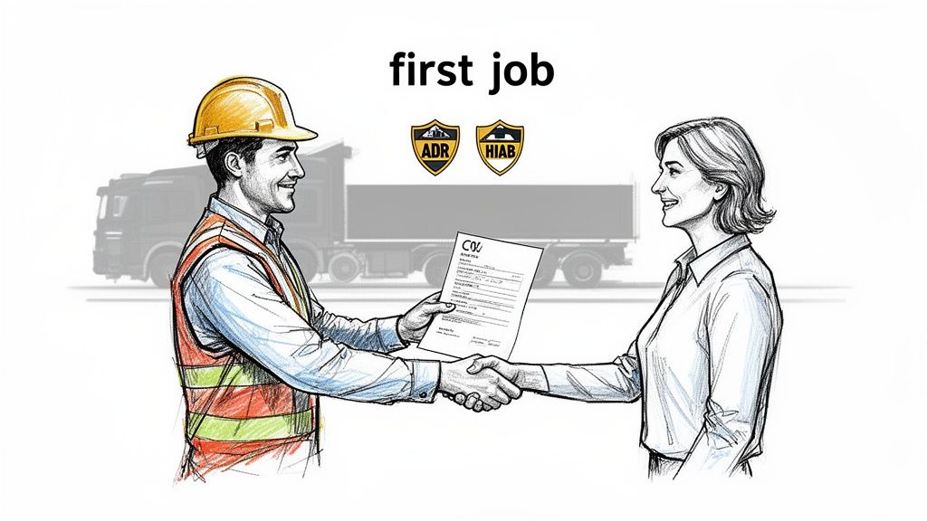 Lorry driver candidate in hard hat and safety vest shaking hands with an employer for his first job.