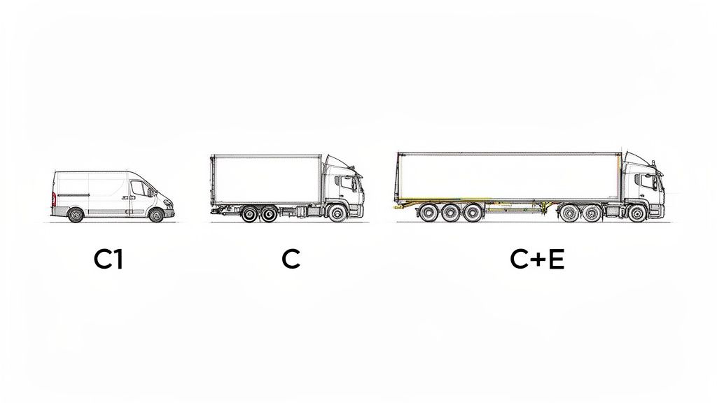 Line drawings illustrating three types of commercial vehicles and their corresponding licence categories: C1, C, and C+E.