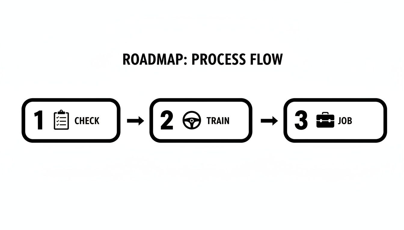 Roadmap process flow diagram illustrating three sequential steps: check, train, and job with corresponding icons.