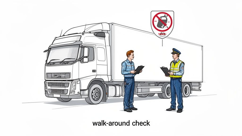 Illustration of a truck undergoing a walk-around check by a driver and a uniformed officer.