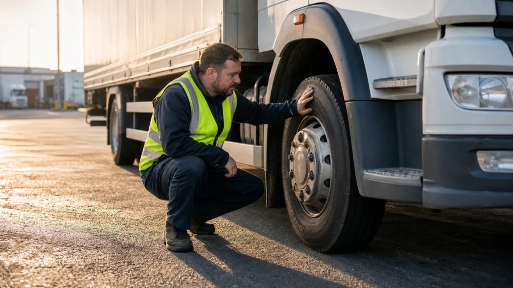 HGV driver carrying out a walkaround vehicle check