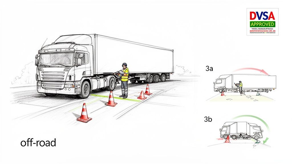 An articulated lorry training exercise with cones, showing a driver in a high-visibility vest.