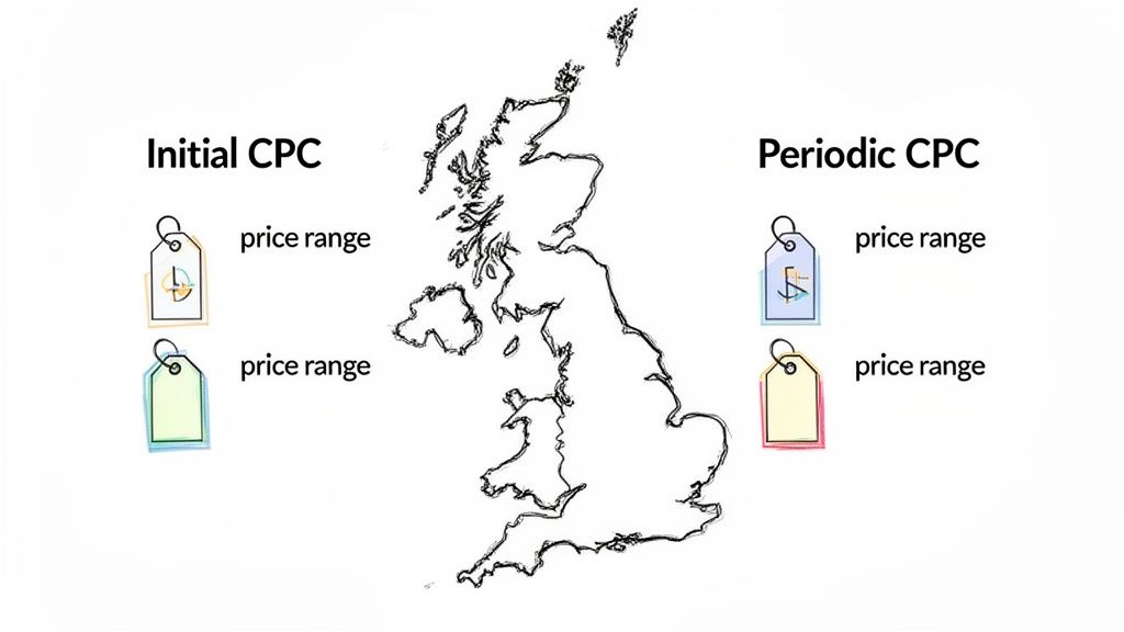Map of the UK illustrating Initial CPC and Periodic CPC with multiple price range tags.