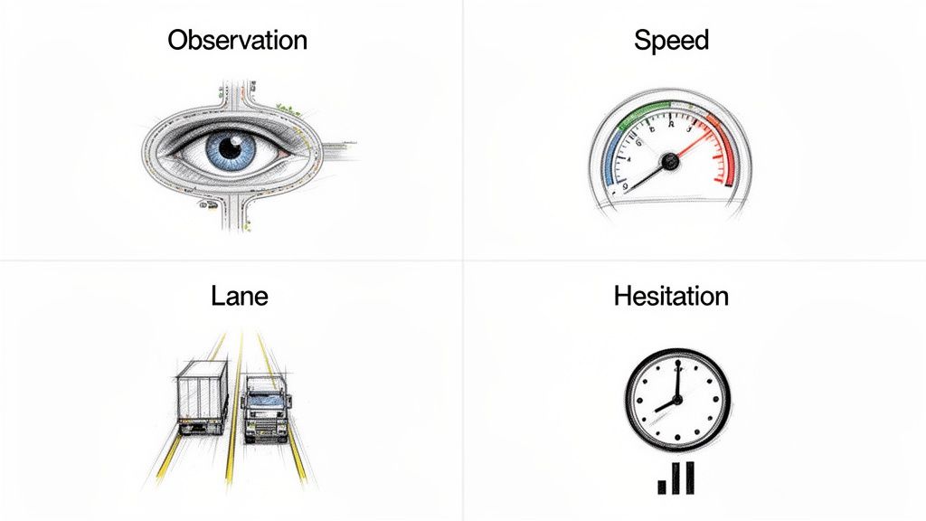 Four panels illustrating key driving elements: observation, speed, lane awareness, and hesitation with relevant icons.