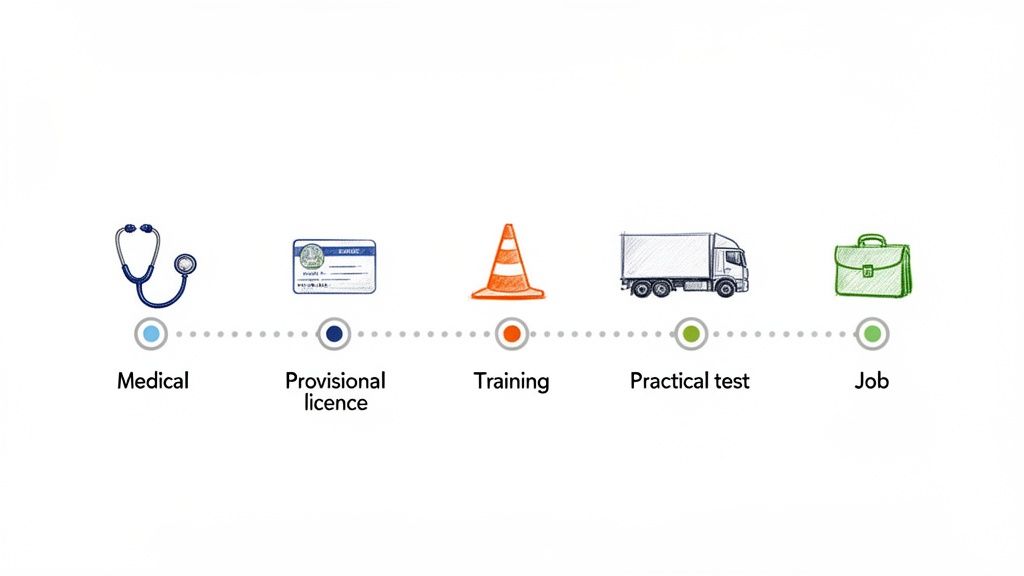 Infographic outlining the five key steps to becoming a qualified HGV driver and securing a job.