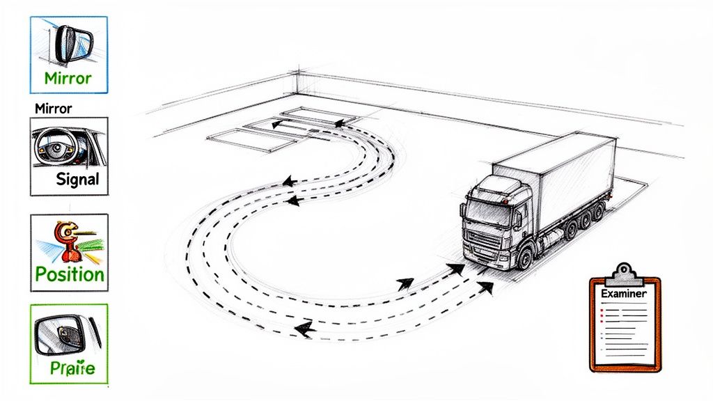 A sketch showing a truck on a driving test course with path arrows, an examiner clipboard, and instructional icons.