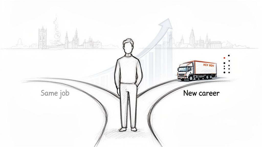 A man stands at a crossroads, choosing between his 'Same job' or a 'New career' driving a truck.