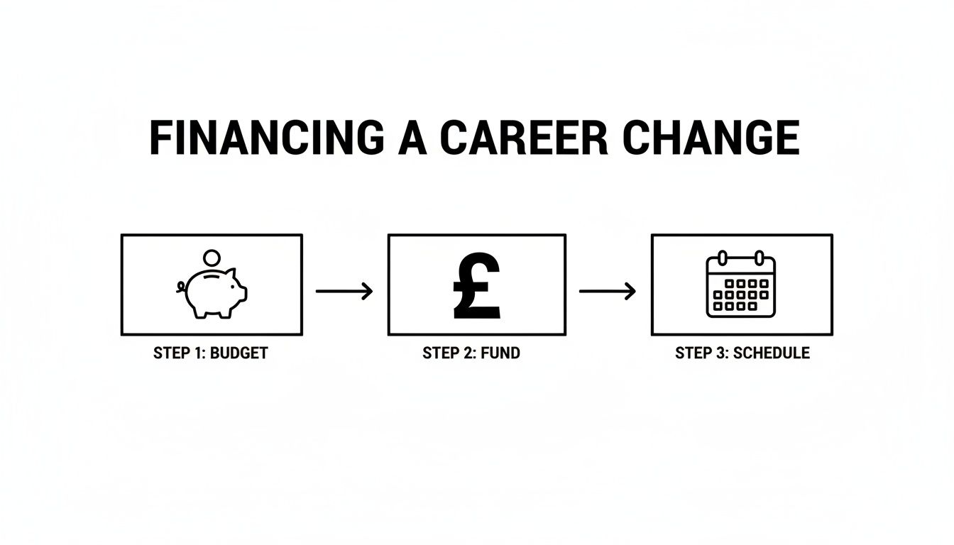 An infographic showing three steps to financing a career change: budget, fund, and schedule.