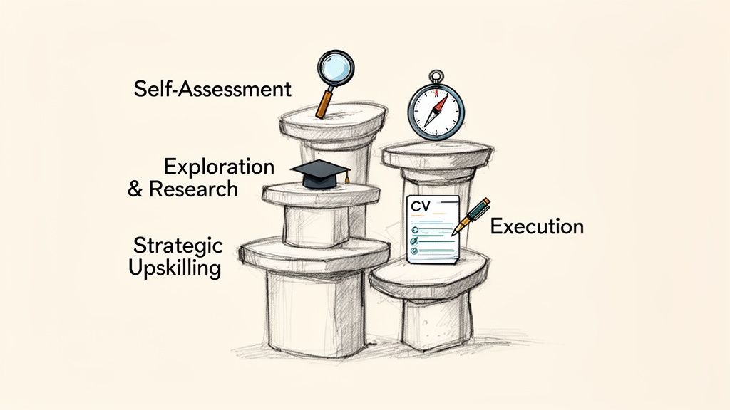 An illustration of career change steps: self-assessment, exploration, upskilling, and execution, with icons.