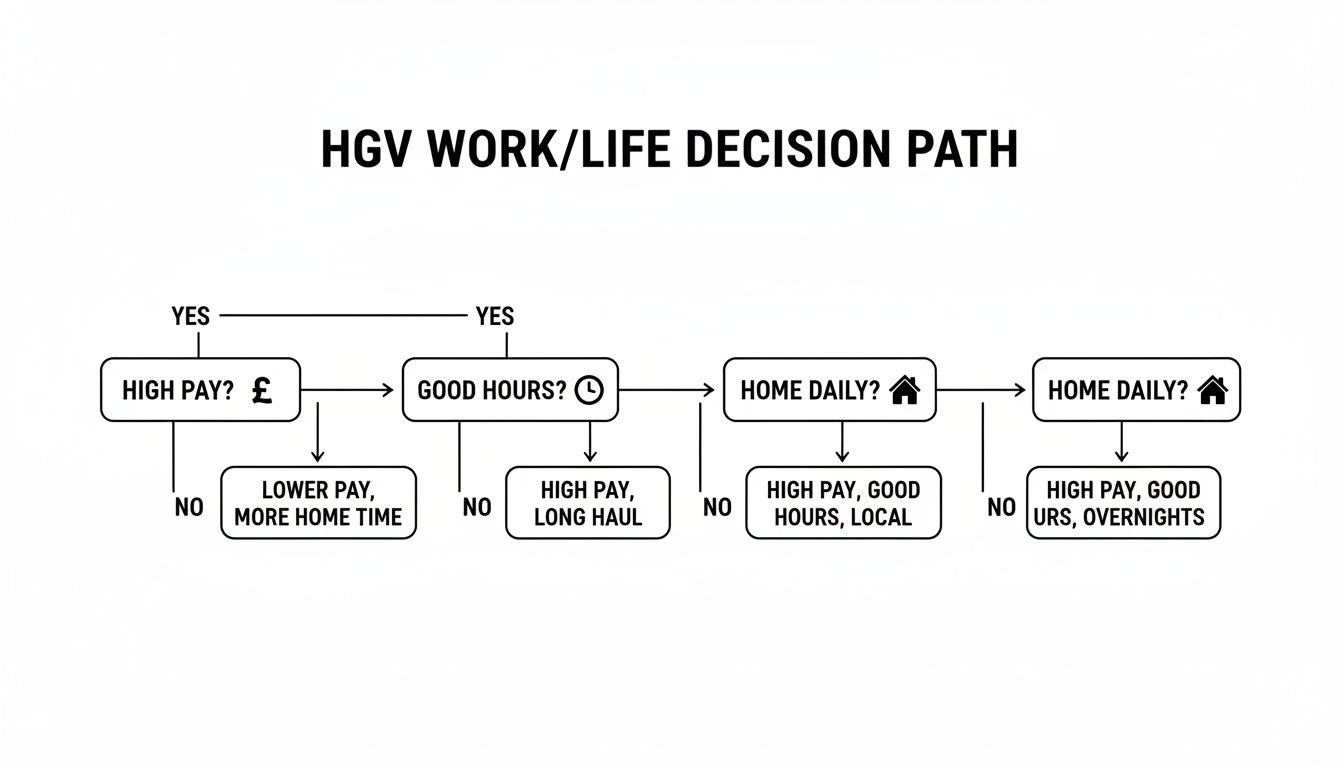 Flowchart illustrating HGV driver work-life decision path, considering high pay, good hours, and home daily options.