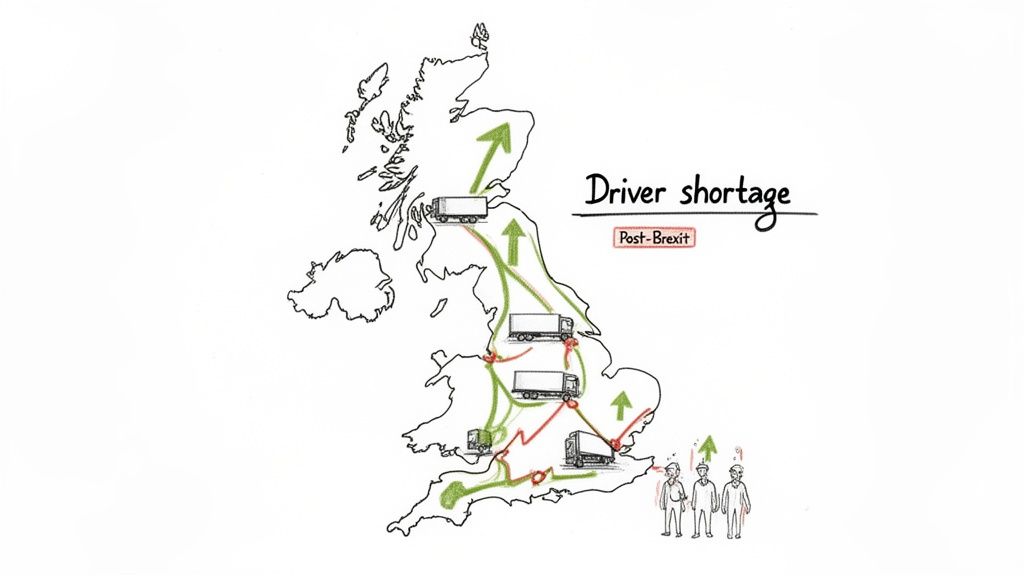 A map of the UK illustrates the post-Brexit HGV driver shortage with trucks, routes, and three people.
