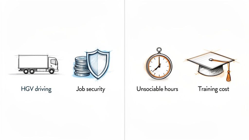 Illustrations depicting factors related to HGV driving: truck, job security, unsociable hours, and training cost.