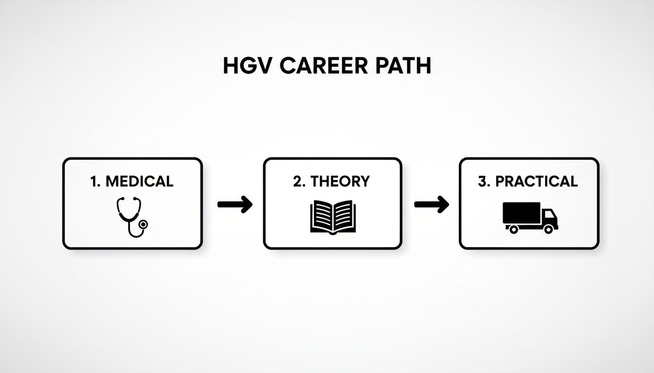 A flowchart illustrating the HGV career path with three steps: Medical, Theory, and Practical.