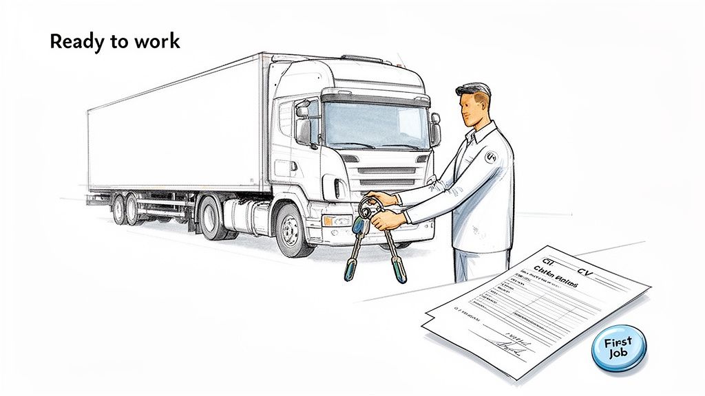 A man in uniform holds keys, ready for his first job as a lorry driver, next to a large truck and his CV.