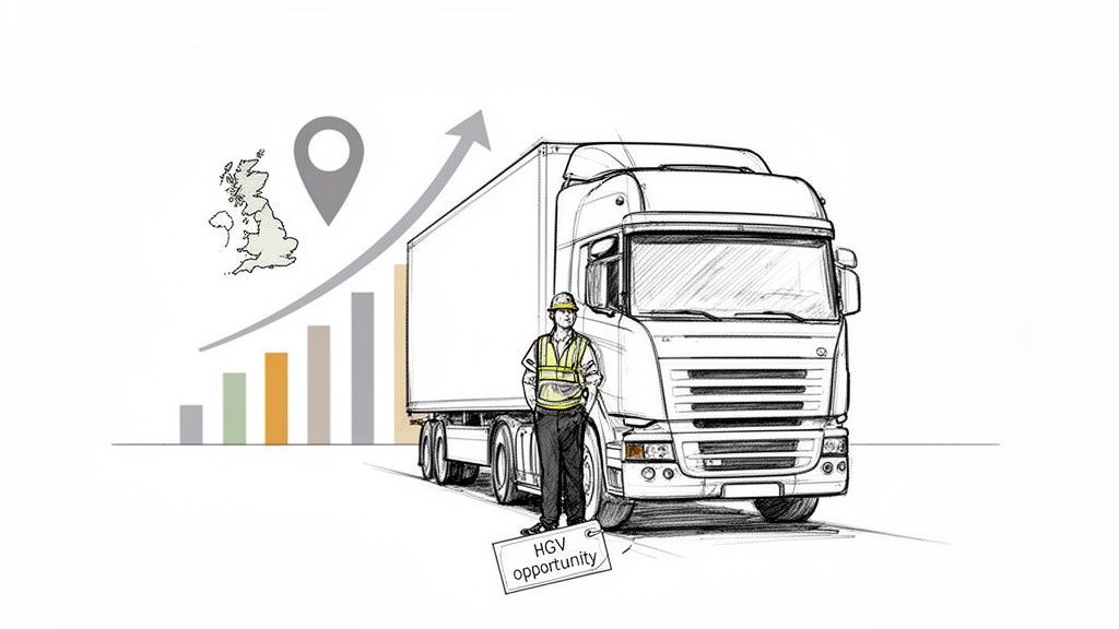 Sketch of a lorry, driver in high-vis, UK map, and an upward graph showing HGV career opportunities.