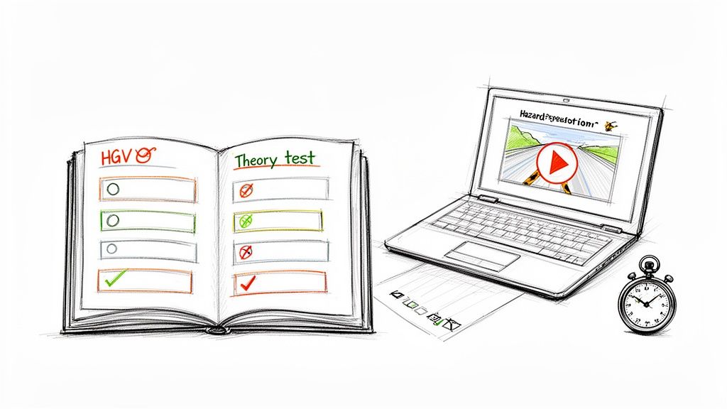 A sketch illustrating HGV theory test preparation with an open book, a laptop showing a hazard perception video, and a stopwatch.