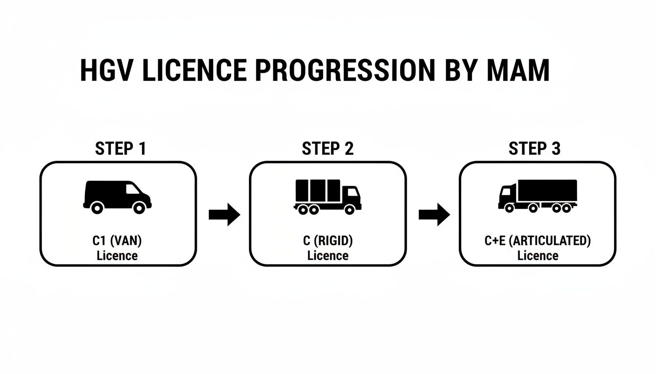 Diagram showing HGV licence progression through three steps: C1 (Van), C (Rigid), and C+E (Articulated).