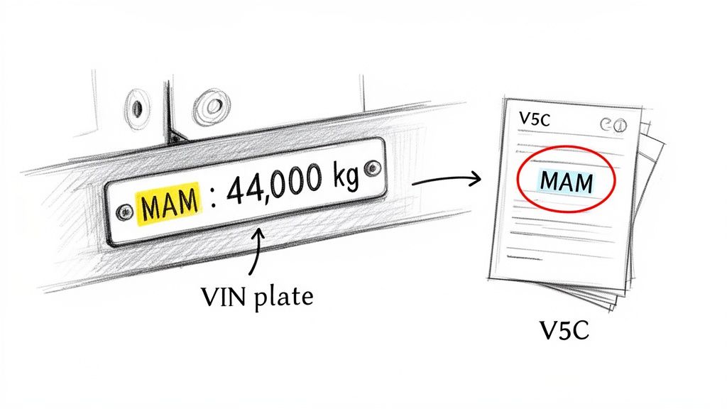 Illustration depicting the Maximum Authorised Mass (MAM) on a VIN plate and matching V5C document.