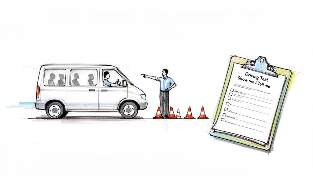 A driving instructor guides a student in a minibus during a driving test with cones and a checklist.
