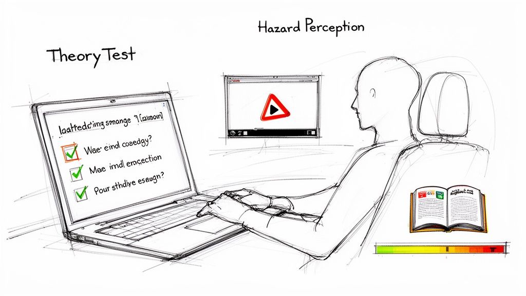 Sketch of a person taking a driving theory and hazard perception test on a laptop.