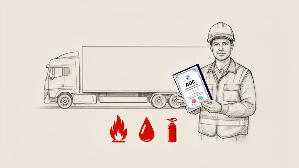 Illustration showing a truck driver with an ADR certificate, alongside fire and safety icons.
