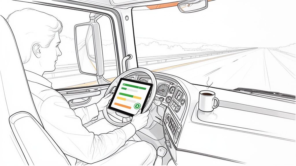 Line drawing of a truck driver reviewing online training data on a tablet inside a truck.