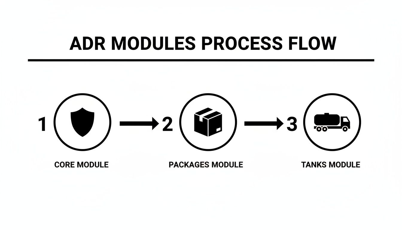ADR Modules process flow diagram showing Core, Packages, and Tanks modules sequentially.