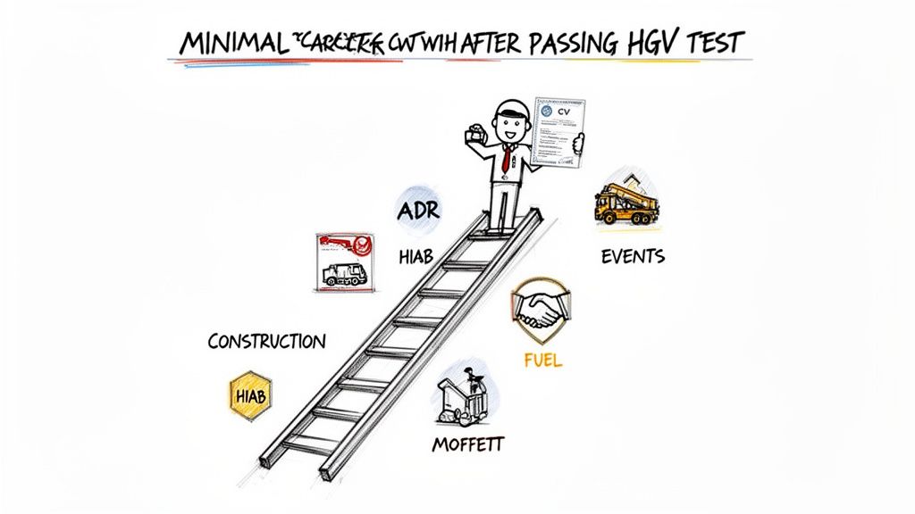 A diagram illustrating diverse career opportunities for individuals after passing their HGV driving test.