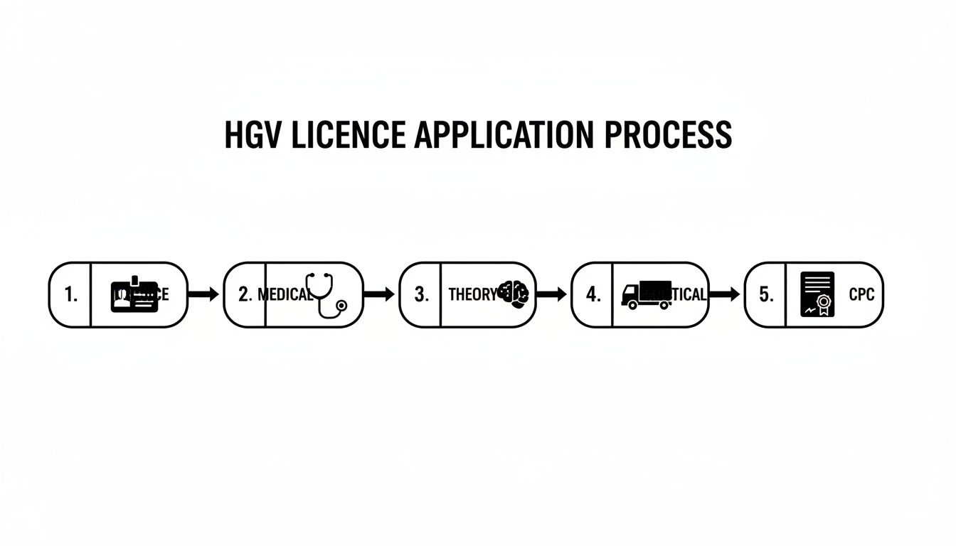 A five-step diagram outlining the HGV licence application process: Licence, Medical, Theory, Practical, and CPC.