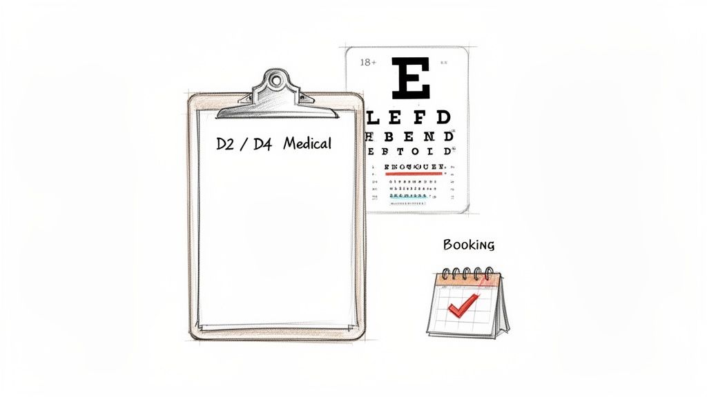 Clipboard with D2/D4 Medical, eye chart, and booking calendar for HGV licence requirements.