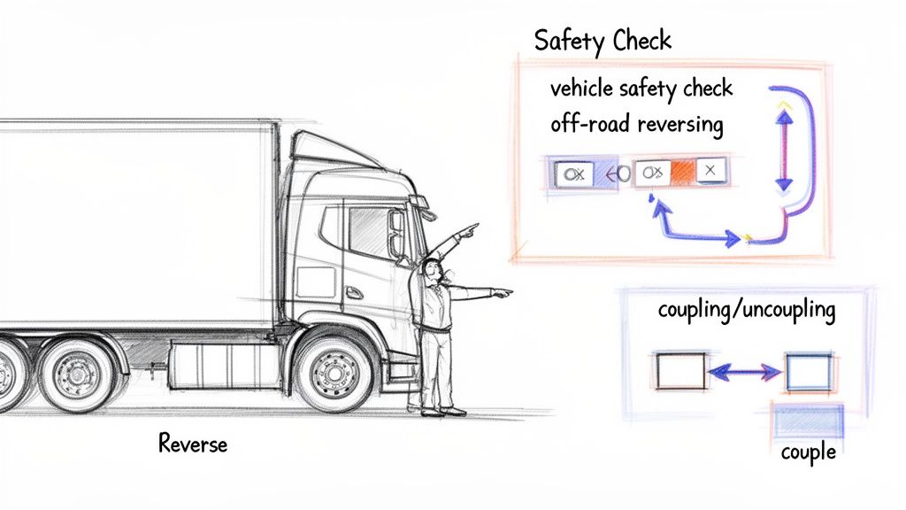 A person guides a large truck during a reversing safety check, with diagrams for coupling/uncoupling.