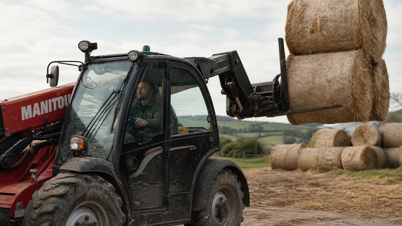 Telehandler operator lifting round hay bales on a UK farm