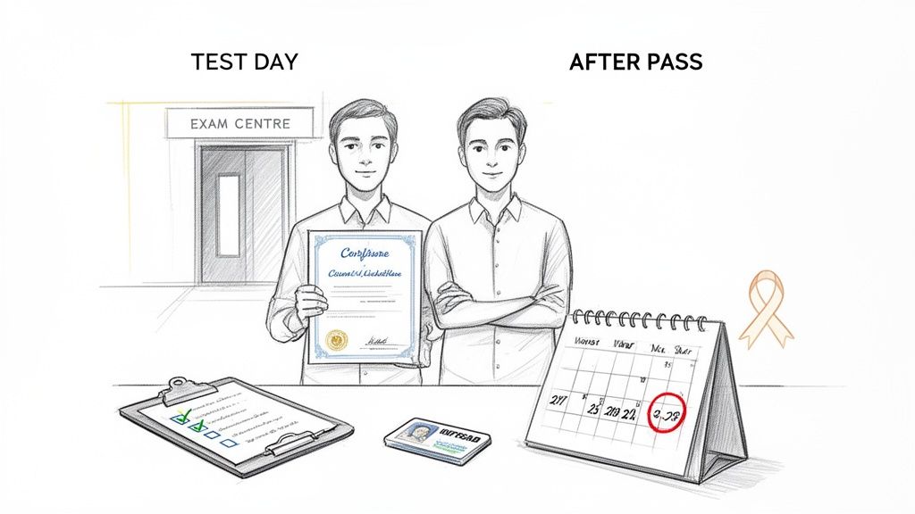 An illustration showing a man's journey from exam day with a certificate to after passing.