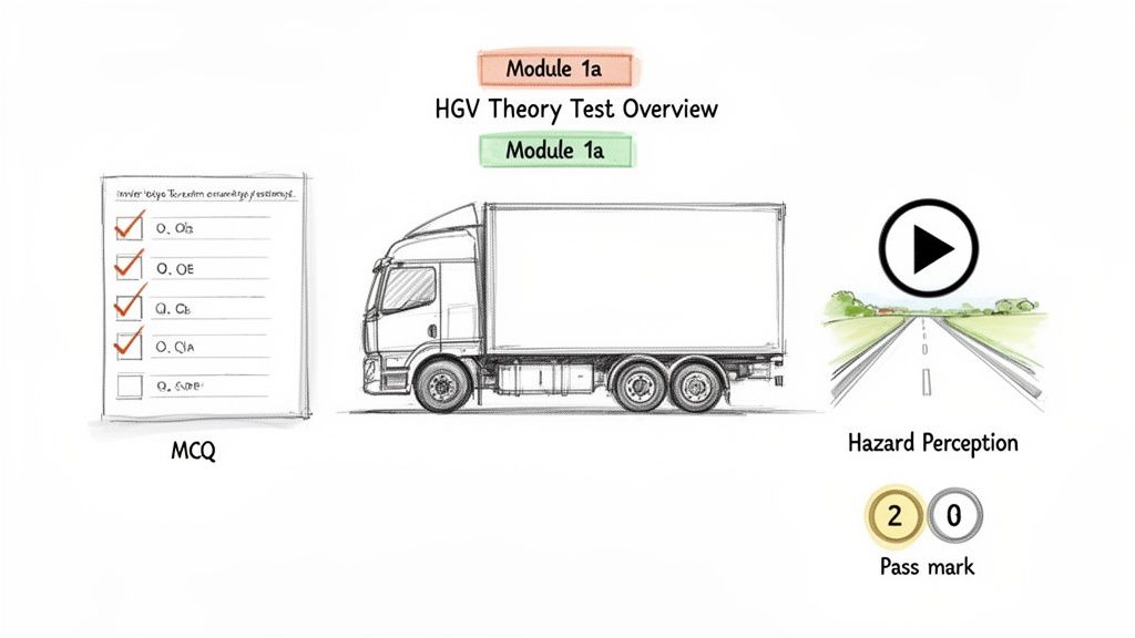 HGV Theory Test overview with MCQ, truck, hazard perception, and pass mark details.