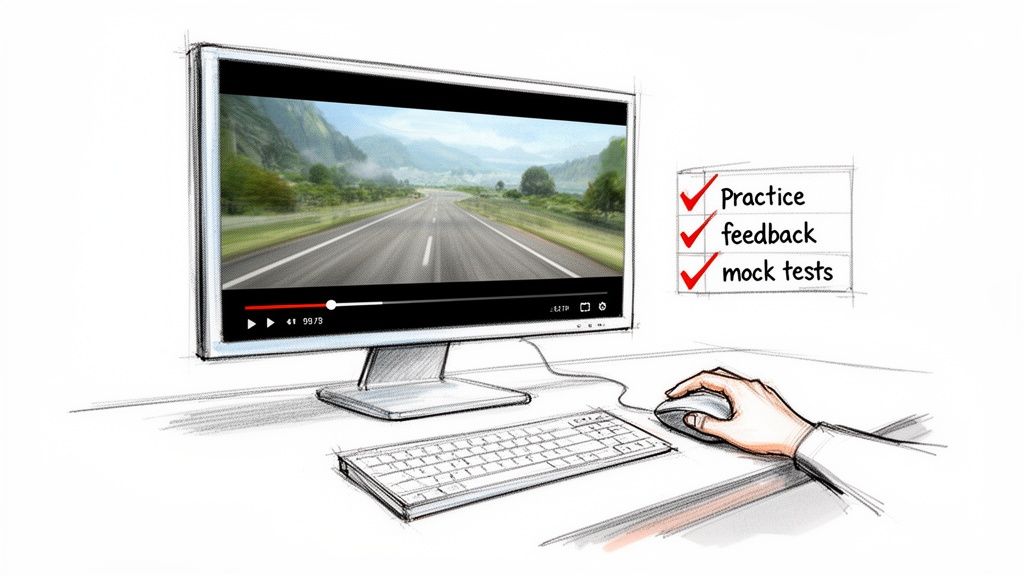 A hand uses a computer showing a driving video and a checklist for practice and mock tests.